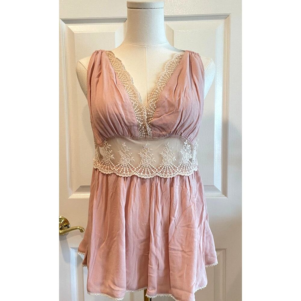 Bluivy Blush Pink Lace Inset V-Neck Peplum Blouse Boho Babydoll Top Size S